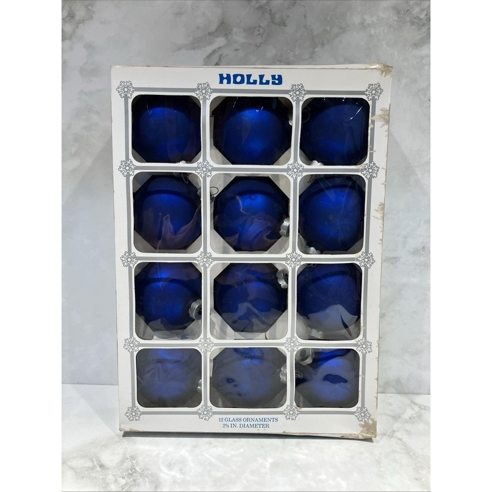 Holly Holiday Decorations Christmas Ornament Blue Glass 2 5/8" Set of 12 Vtg B1